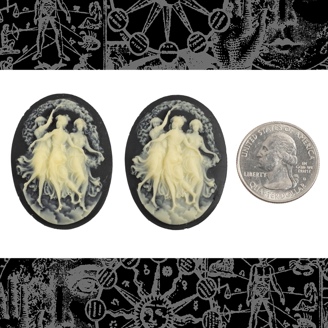 Black and Ivory Three Women Dancing Cameos 30mm x 40mm Cameos - Set of Two - CAM238
